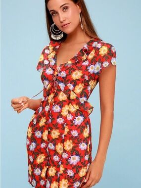 Unite Coral Red Floral Print Tie-Front Dress